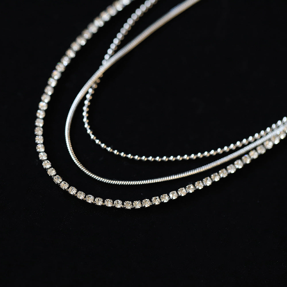 Layered Triple Chain Rhinestone Necklace - Silvery - 3