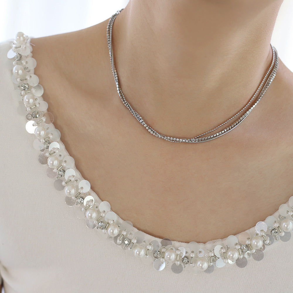 Layered Triple Chain Rhinestone Necklace - Silvery - 4