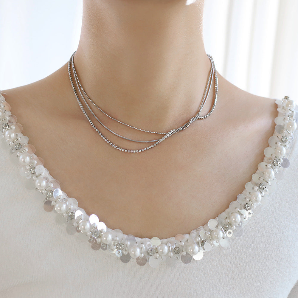 Layered Triple Chain Rhinestone Necklace - Silvery - 5