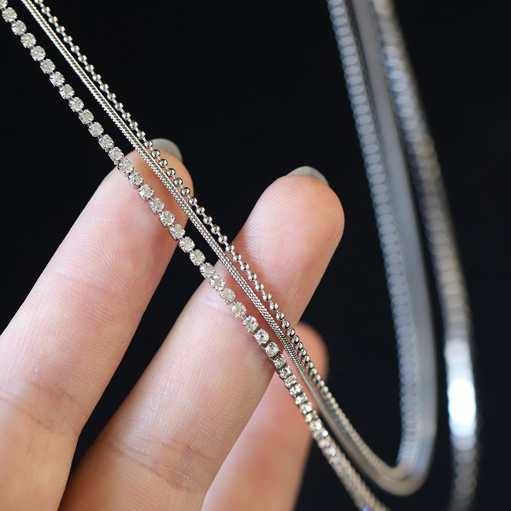 Layered Triple Chain Rhinestone Necklace - Silvery - 6