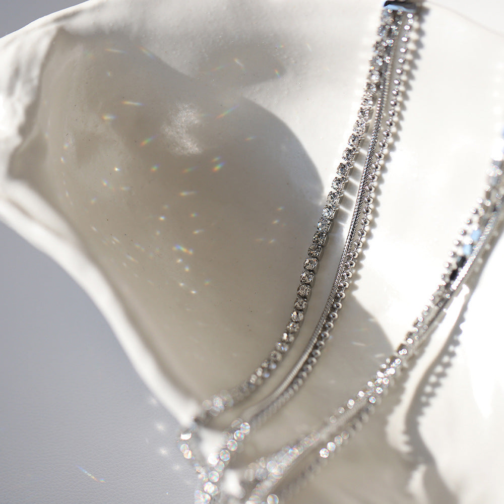Layered Triple Chain Rhinestone Necklace - Silvery - 8
