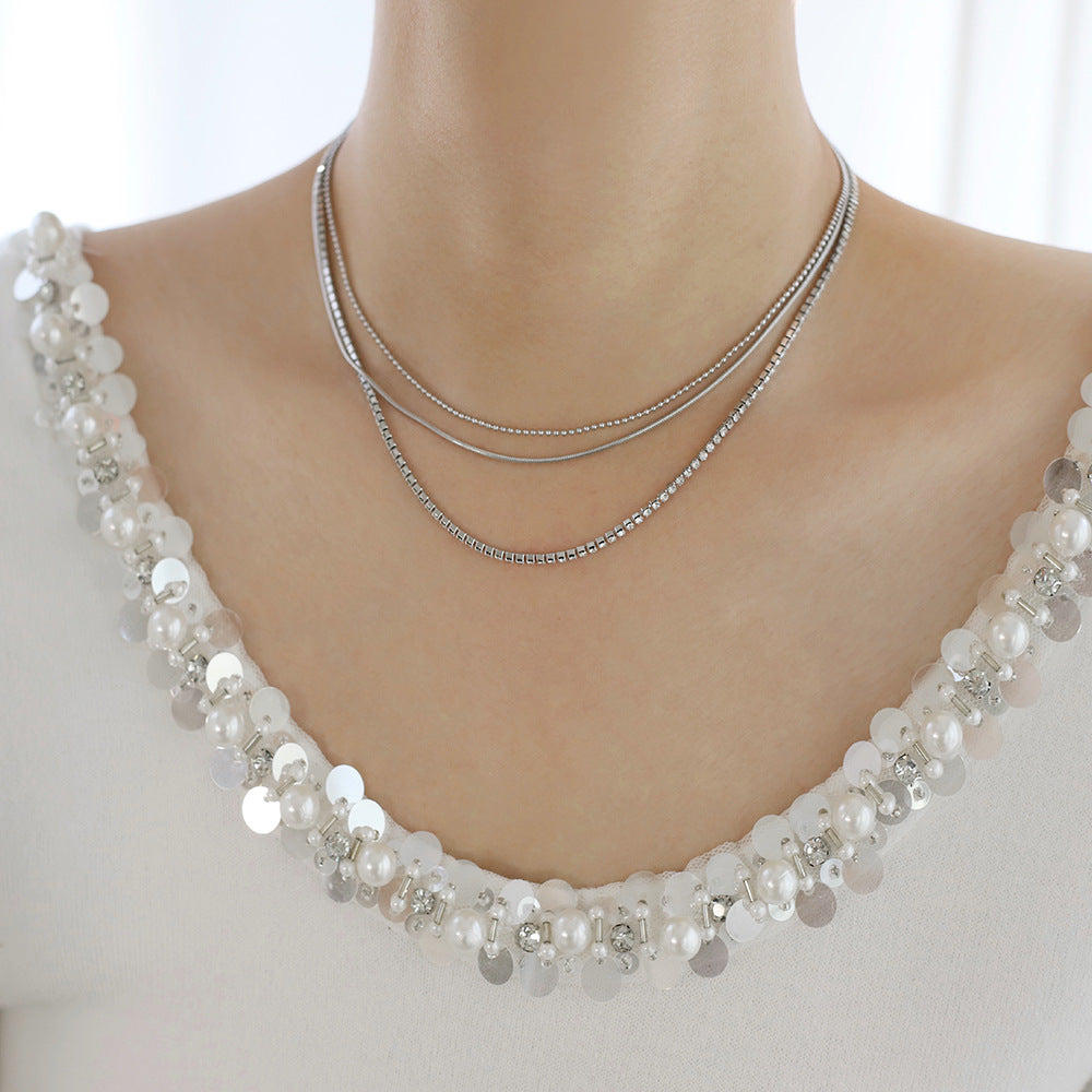 Layered Triple Chain Rhinestone Necklace