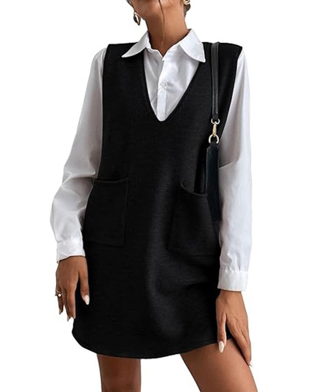 Sleeveless V Neck Knit Pinafore Mini Dress - Black