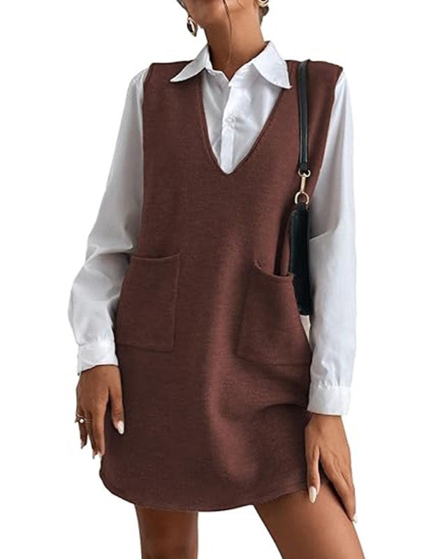 Sleeveless V Neck Knit Pinafore Mini Dress - Brown