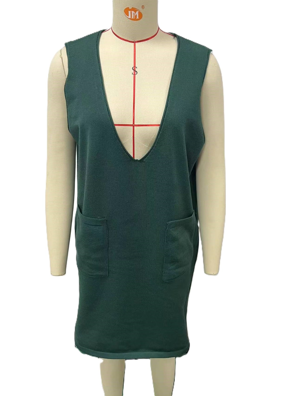 Sleeveless V Neck Knit Pinafore Mini Dress - Green