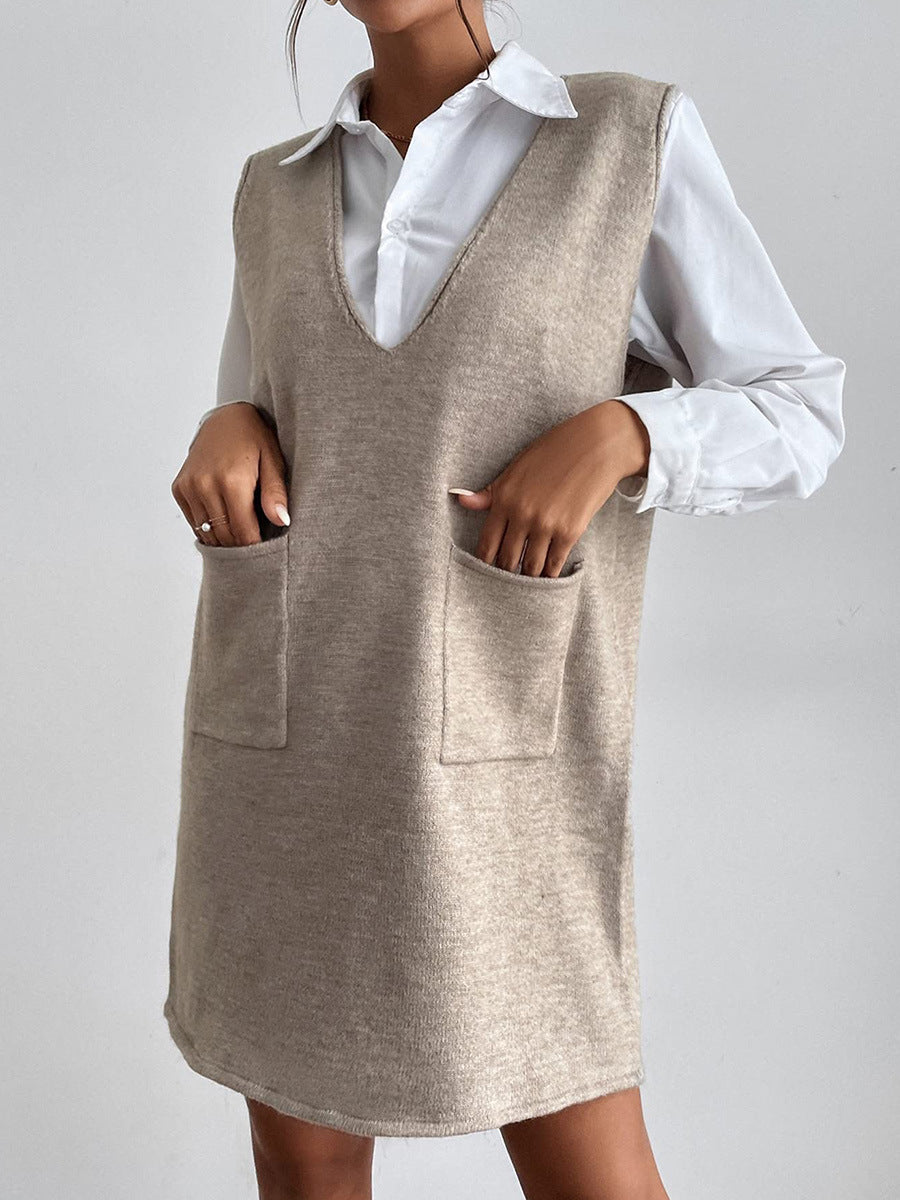 Sleeveless V Neck Knit Pinafore Mini Dress - Khaki