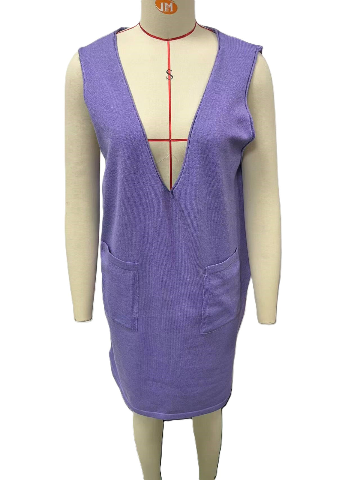 Sleeveless V Neck Knit Pinafore Mini Dress - Purple