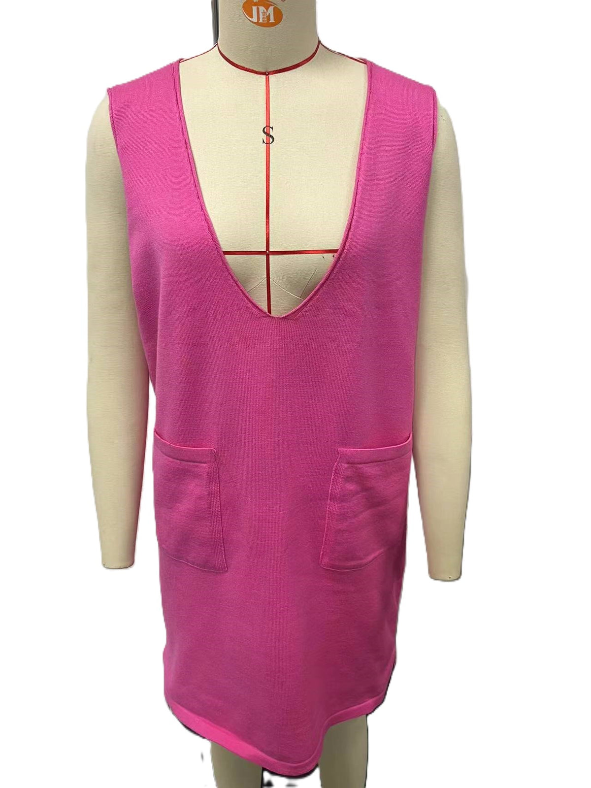 Sleeveless V Neck Knit Pinafore Mini Dress - RoseRed