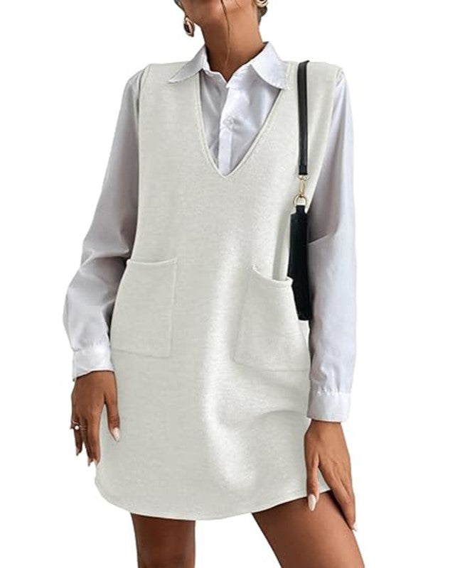Sleeveless V Neck Knit Pinafore Mini Dress - White