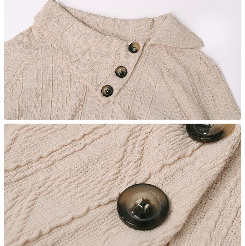 Asymmetric Button Collar Textured Sweatshirt - Apricot - 1