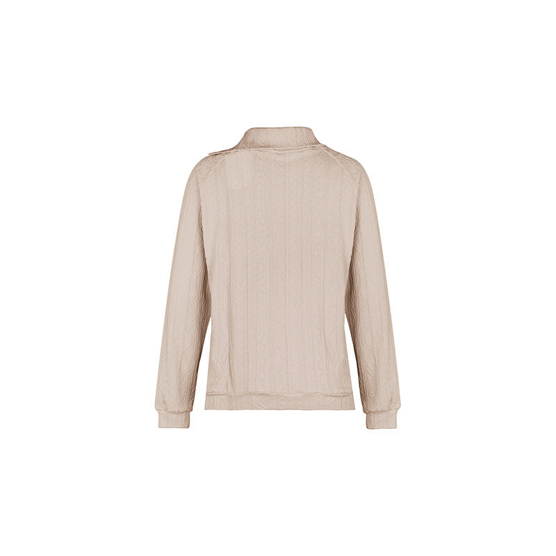 Asymmetric Button Collar Textured Sweatshirt - Apricot - 5