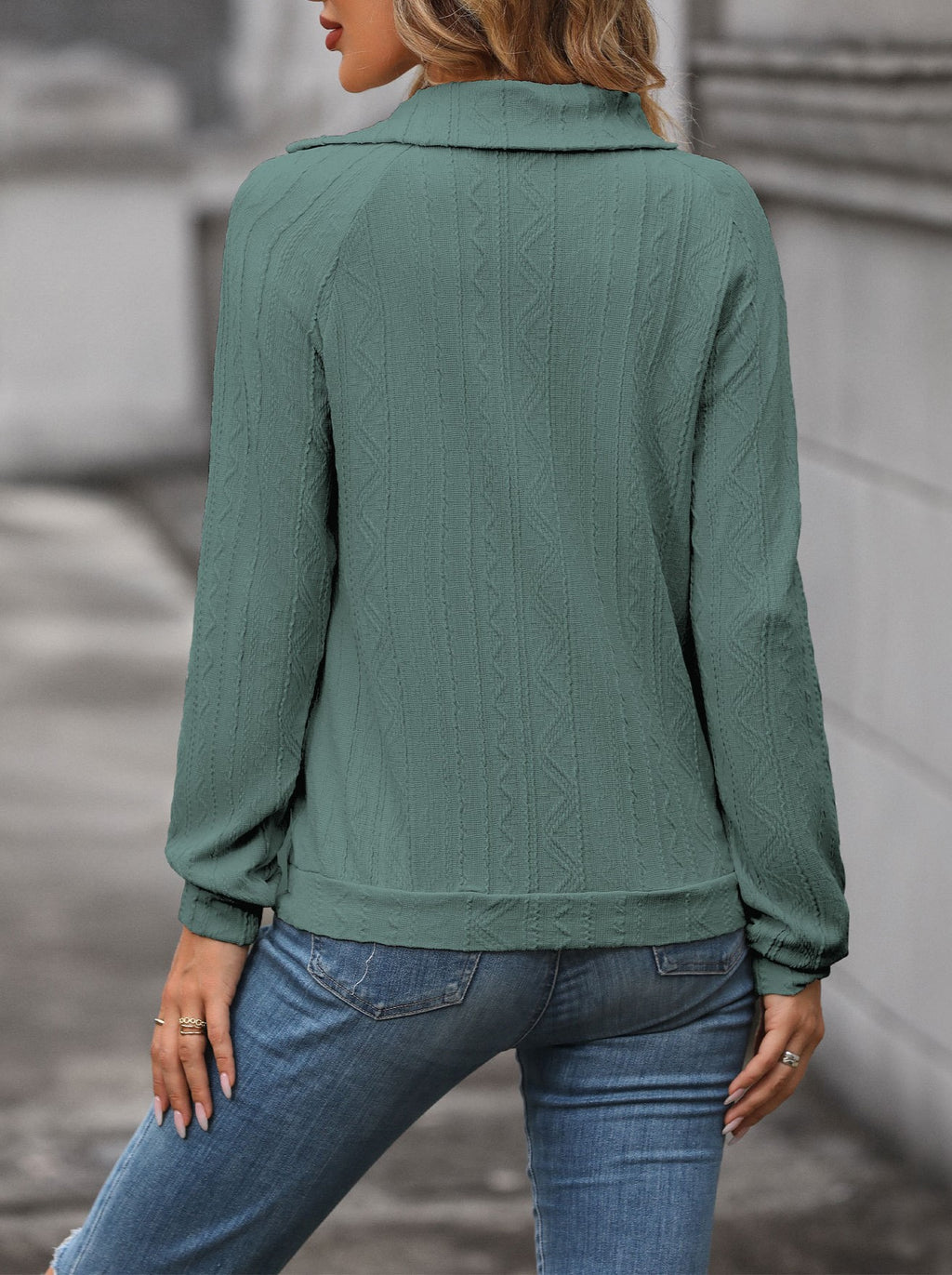 Asymmetric Button Collar Textured Sweatshirt - Green - 2