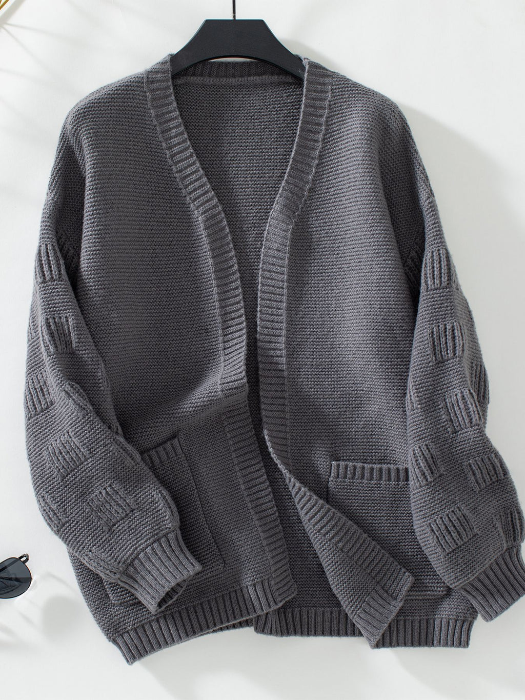 Open Front Textured Cardigan With Patch Pockets - Grey