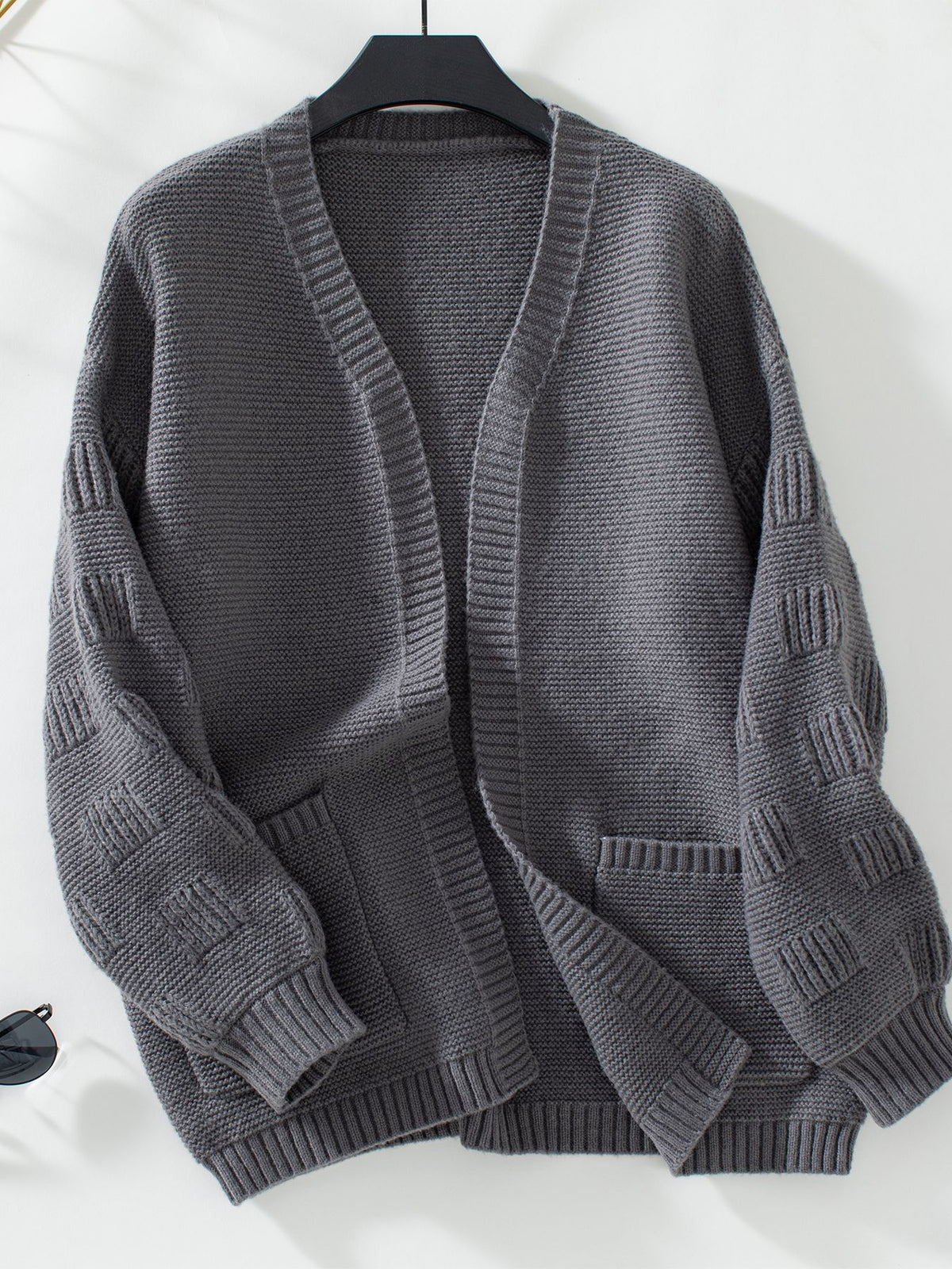 Open Front Textured Cardigan With Patch Pockets - Grey