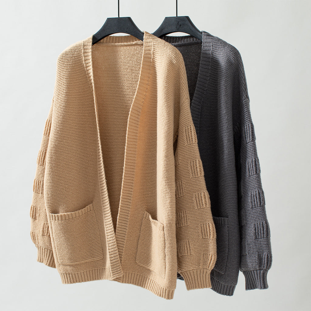 Open Front Textured Cardigan With Patch Pockets - Grey - 2