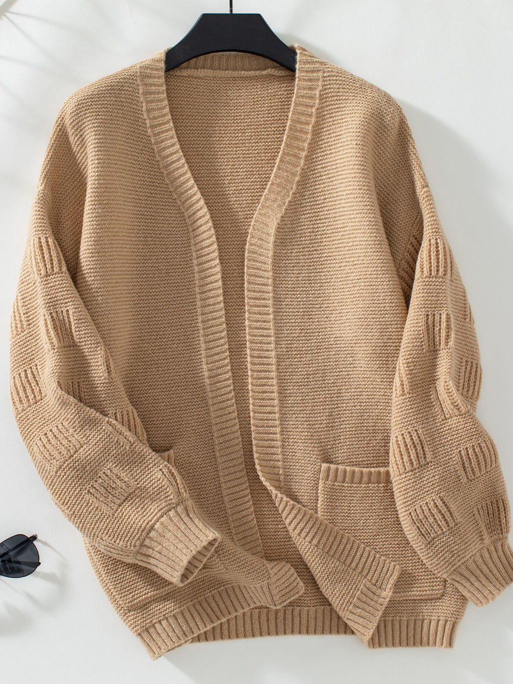 Open Front Textured Cardigan With Patch Pockets - Khaki