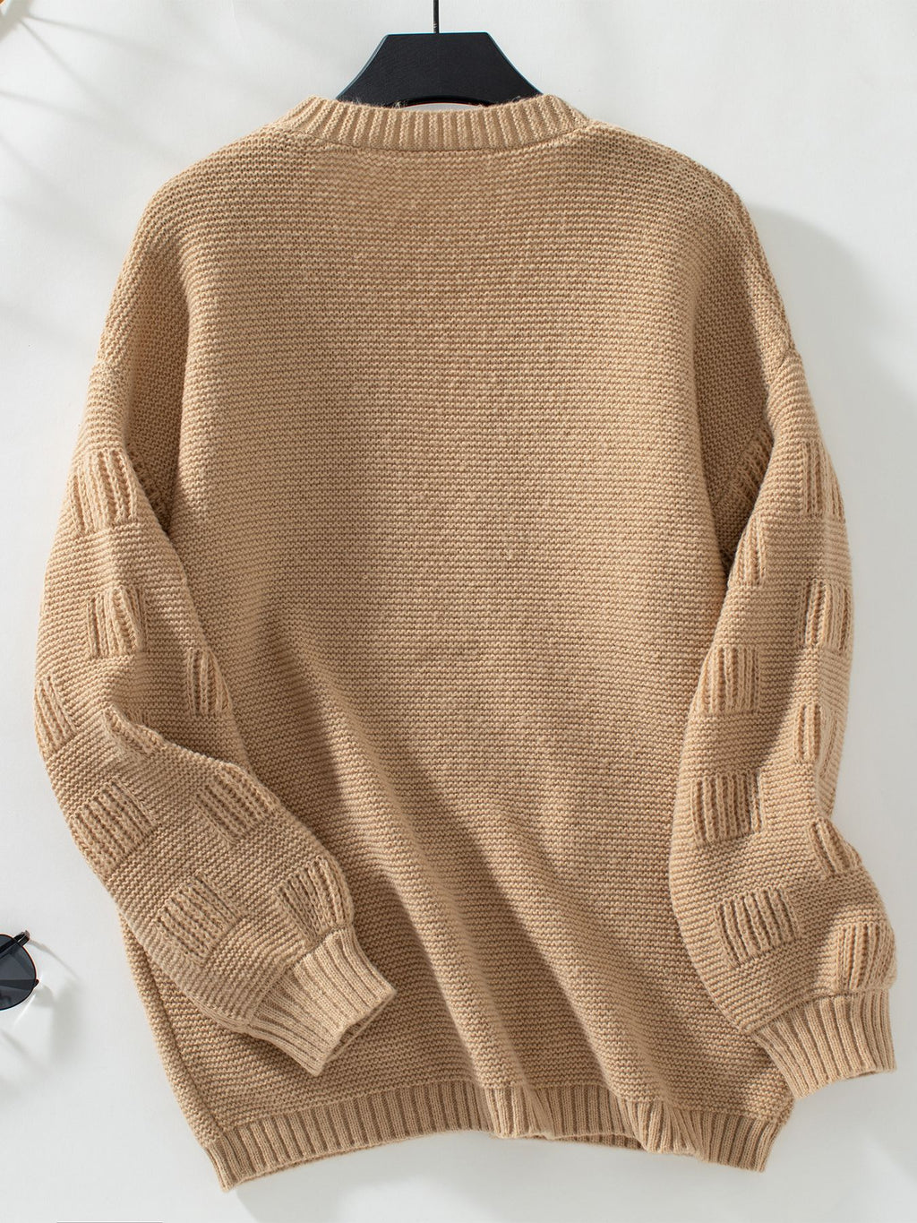 Open Front Textured Cardigan With Patch Pockets - Khaki - 1