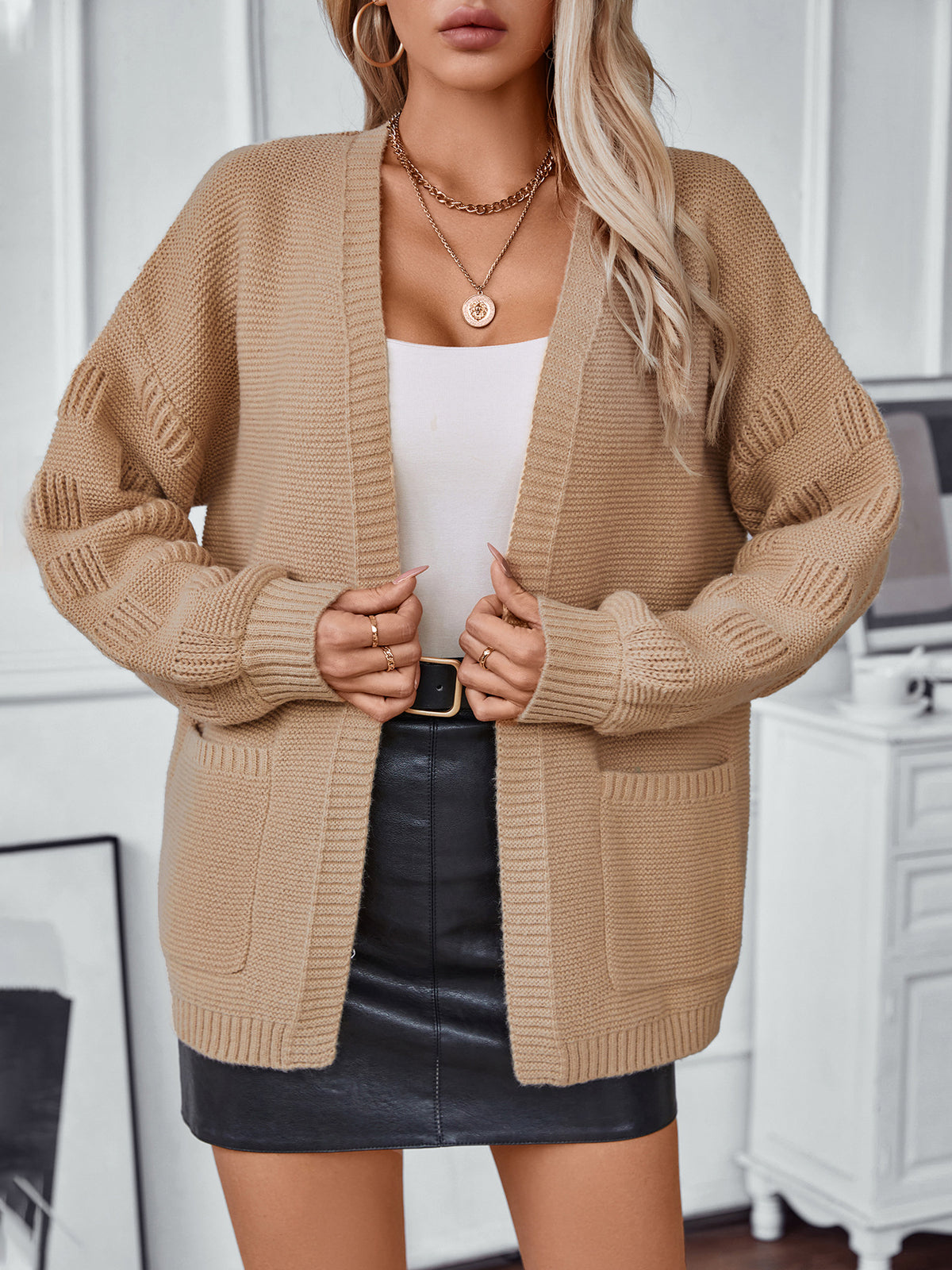 Open Front Textured Cardigan With Patch Pockets - Khaki - 2