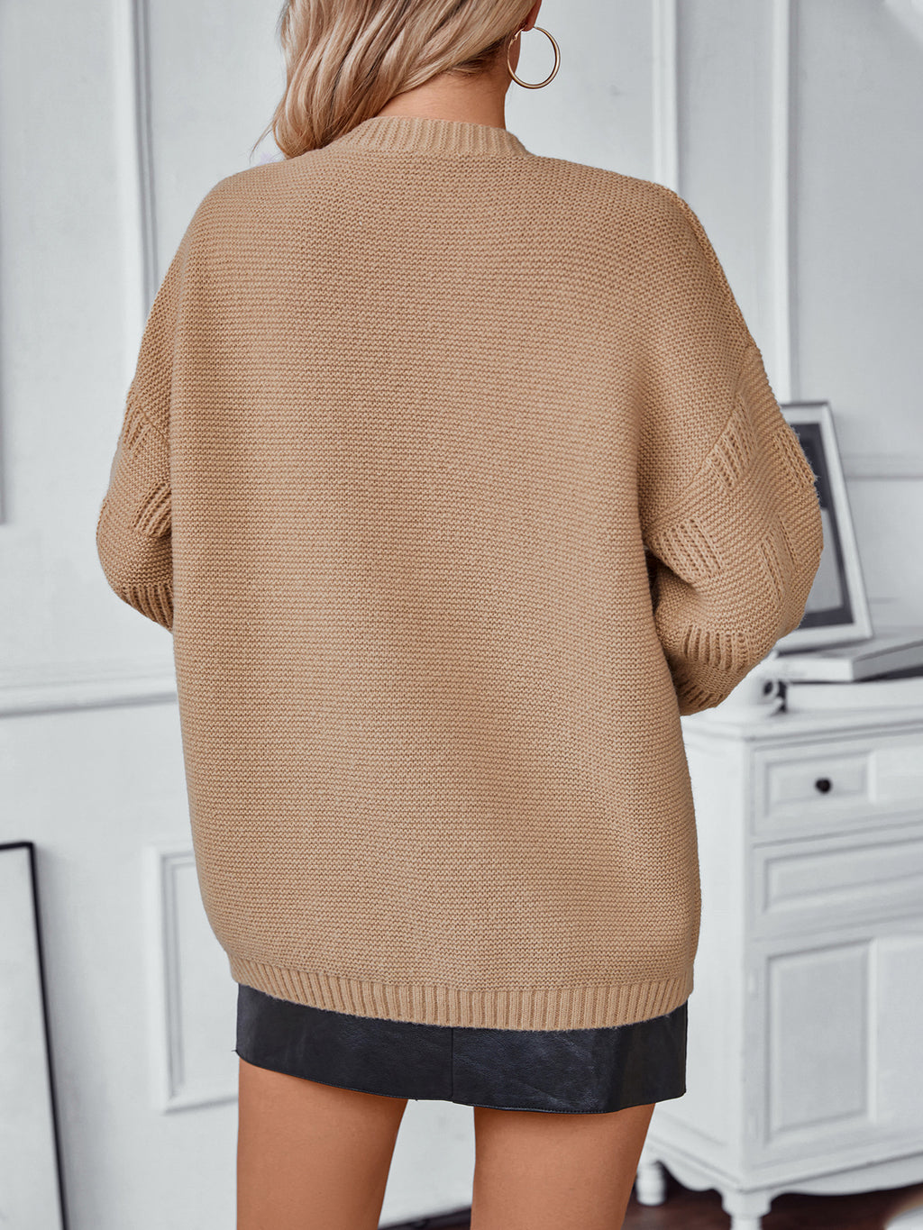 Open Front Textured Cardigan With Patch Pockets - Khaki - 5