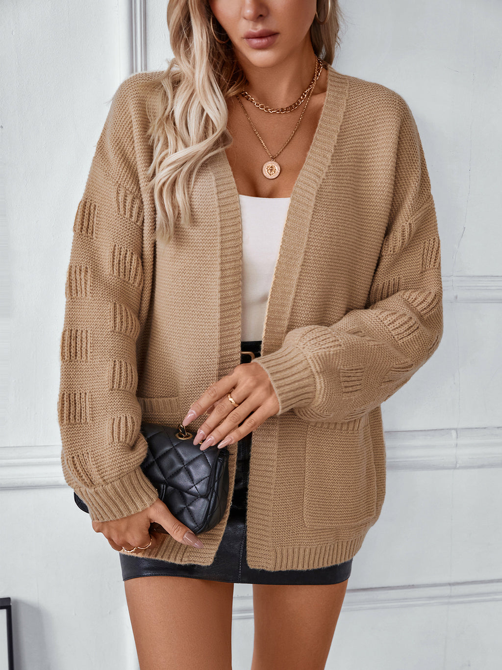 Open Front Textured Cardigan With Patch Pockets - Khaki - 6