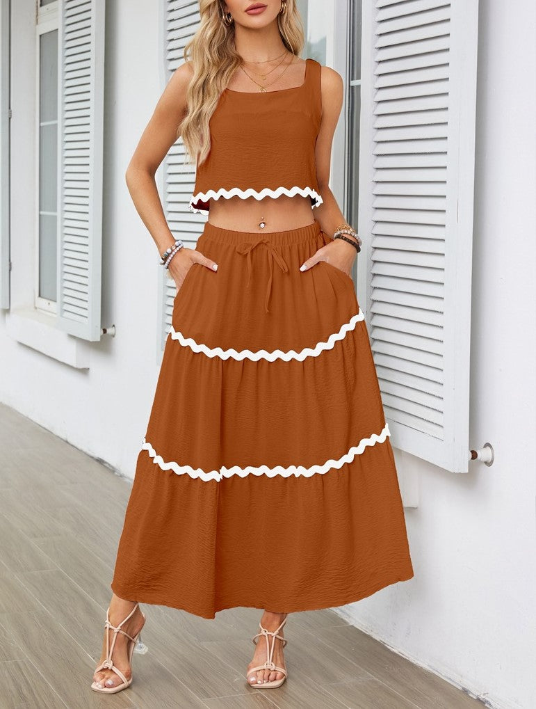 Ric Rac Trim Tank And Tiered Maxi Skirt Set - Brown