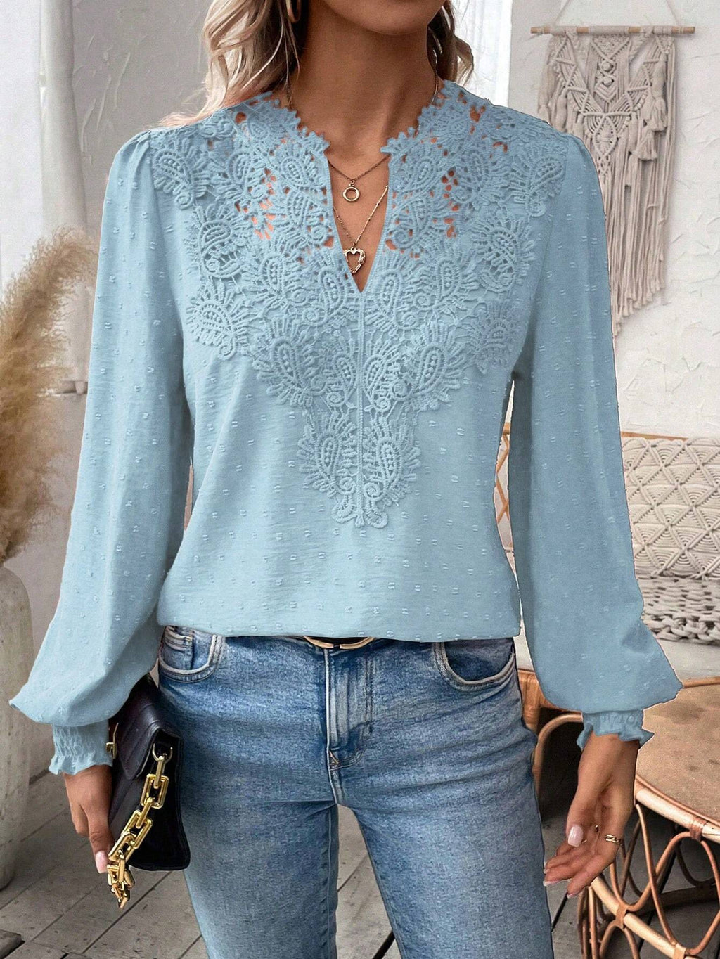 Lace Trim Split Neck Balloon Sleeve Blouse - Blue