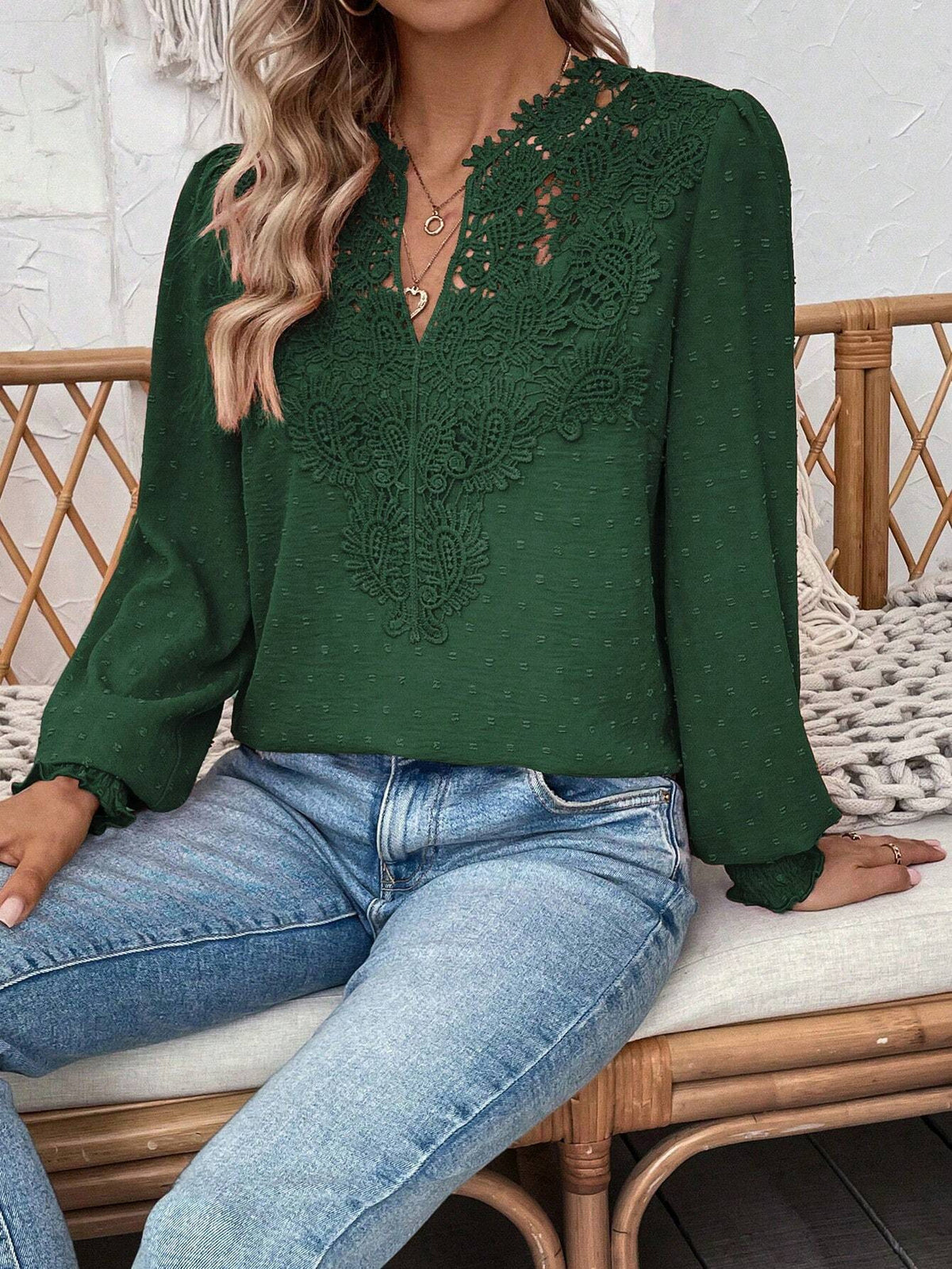 Lace Trim Split Neck Balloon Sleeve Blouse - Darkgreen