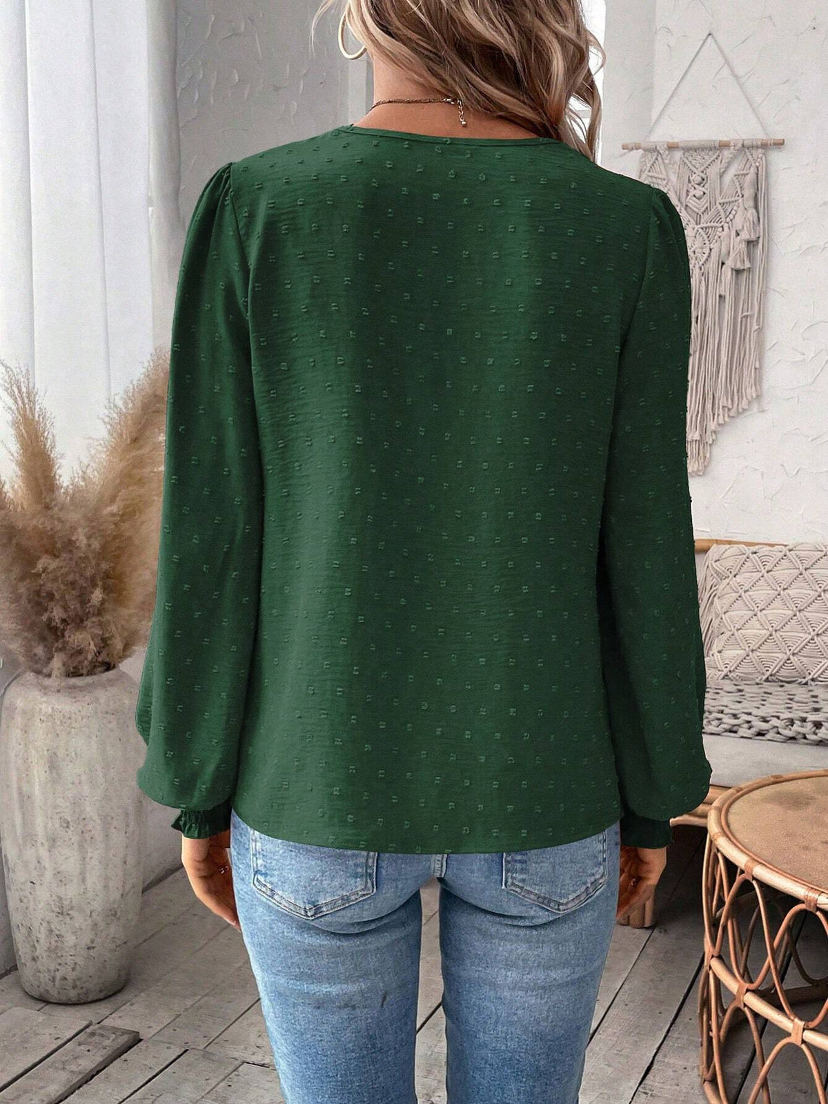 Lace Trim Split Neck Balloon Sleeve Blouse - Darkgreen - 1
