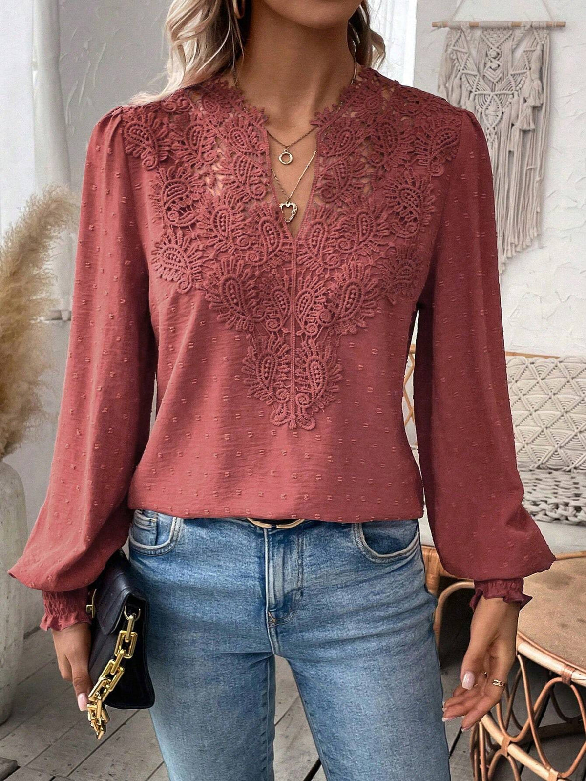 Lace Trim Split Neck Balloon Sleeve Blouse - Darkpink