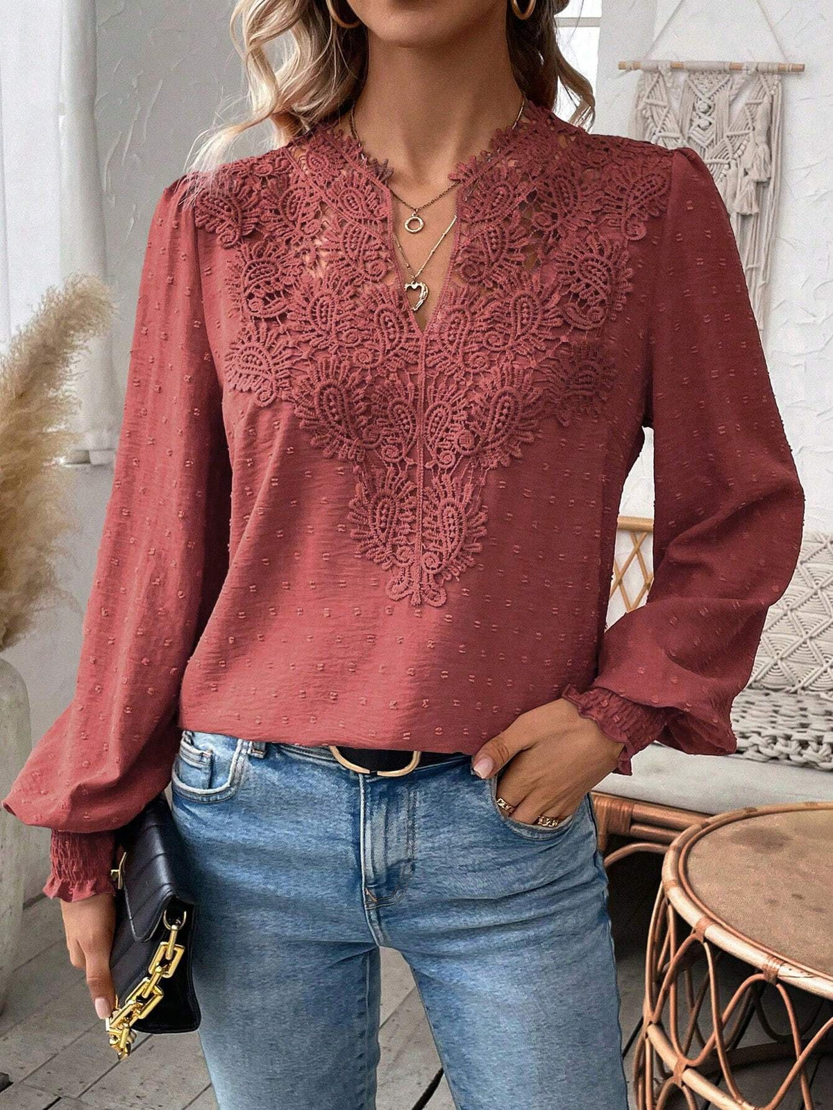 Lace Trim Split Neck Balloon Sleeve Blouse - Darkpink - 1