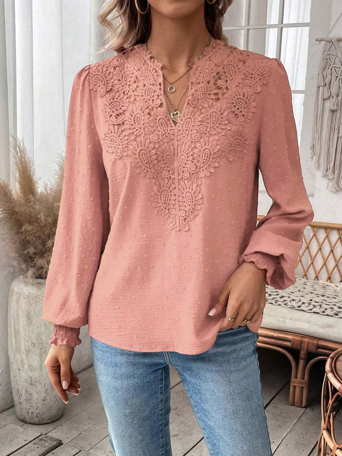 Lace Trim Split Neck Balloon Sleeve Blouse - Pink