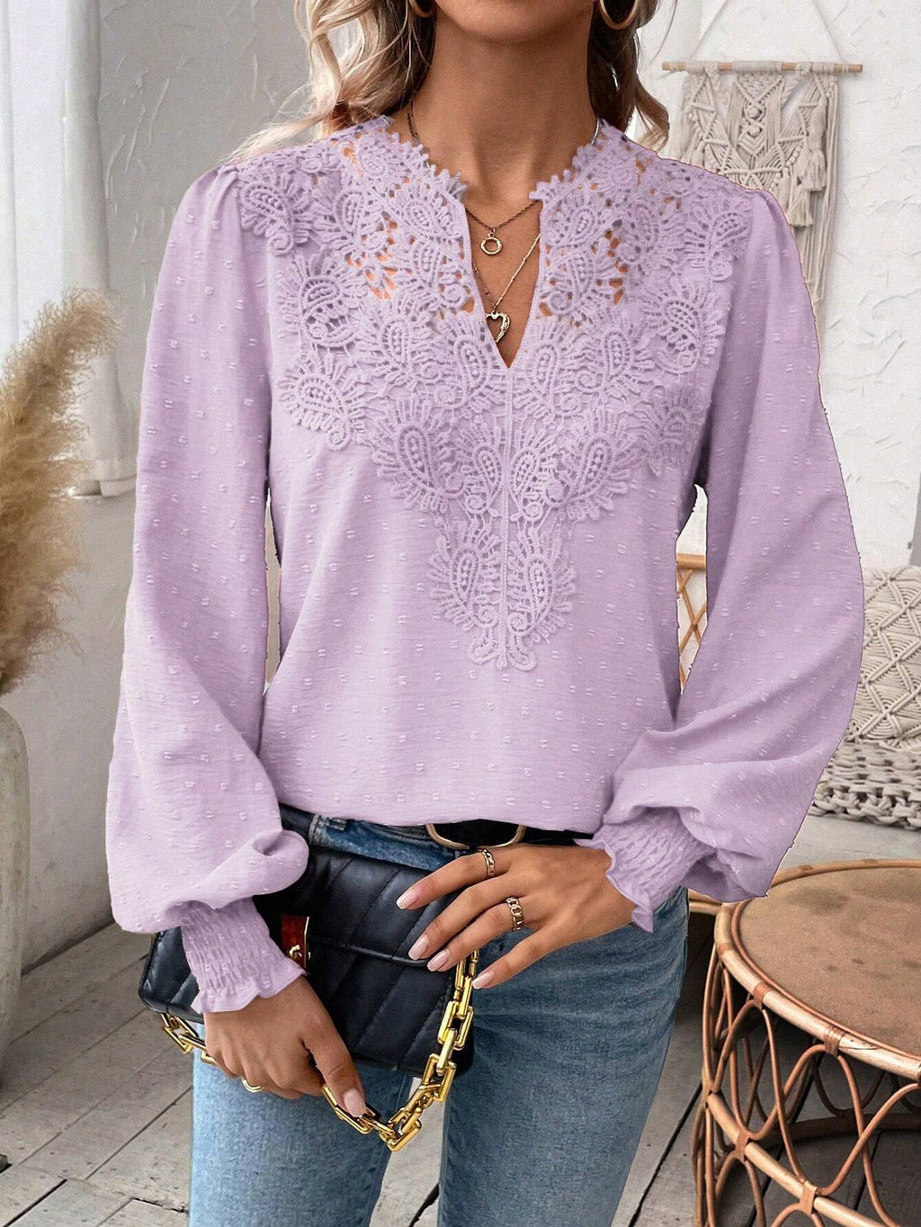 Lace Trim Split Neck Balloon Sleeve Blouse - Purple