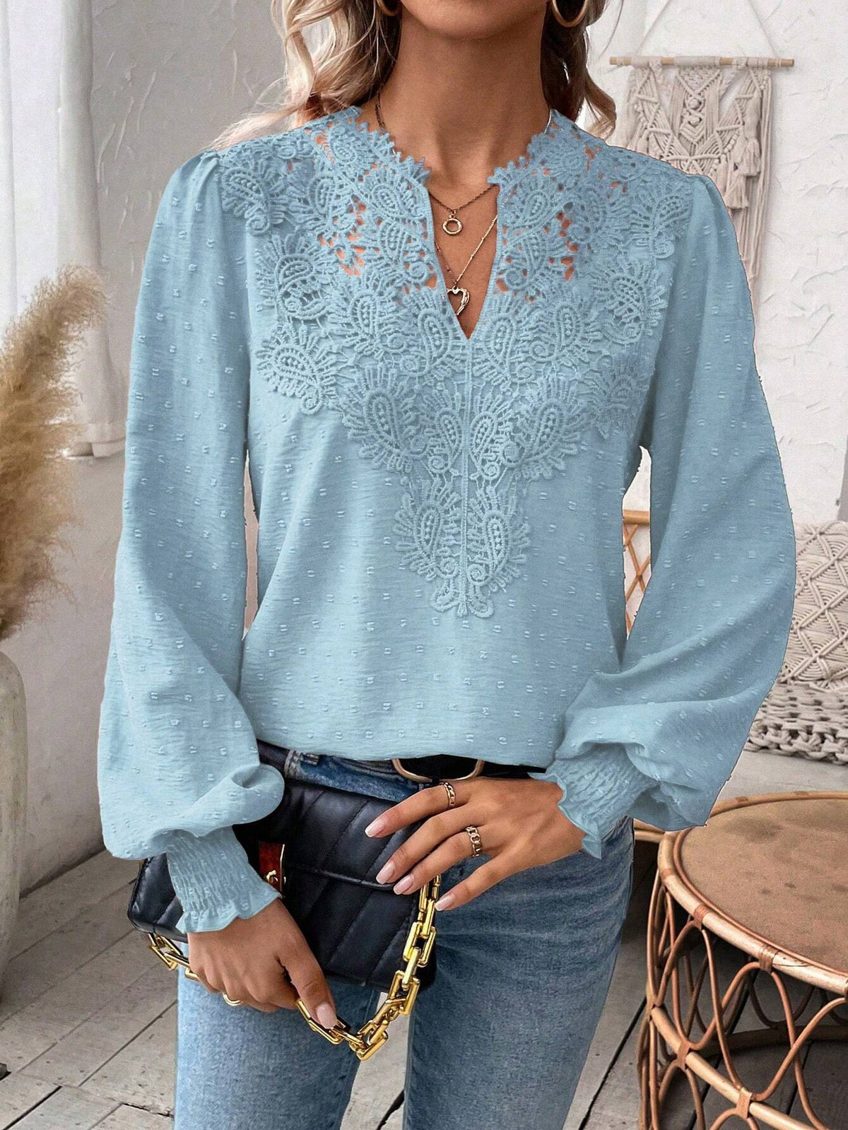 Lace Trim Split Neck Balloon Sleeve Blouse