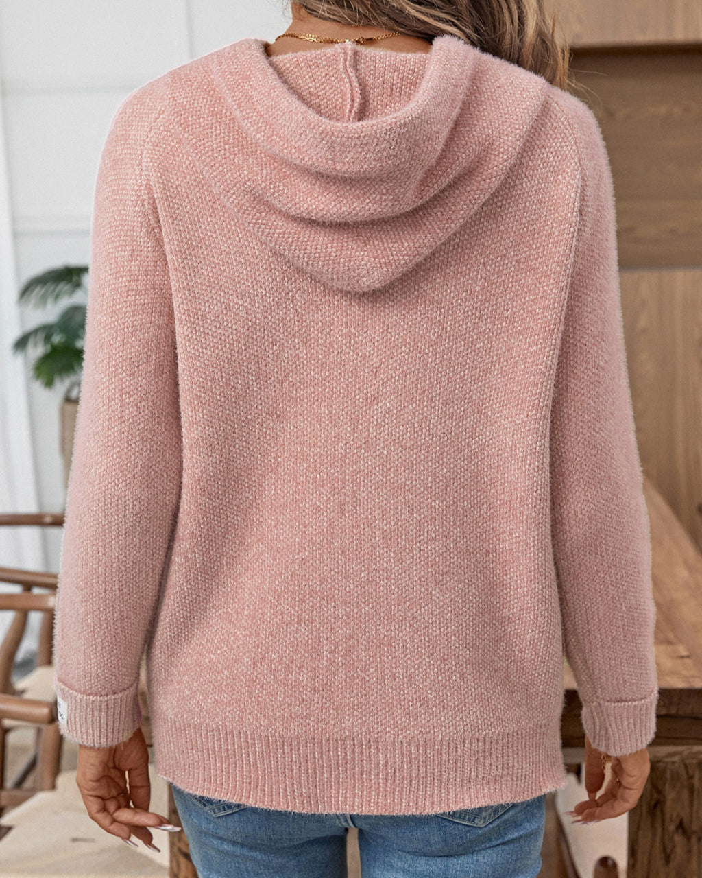 Drawstring Hooded Soft Knit Pullover Sweater - Pink - 3