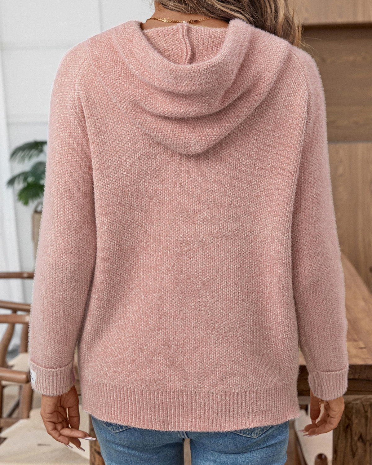 Drawstring Hooded Soft Knit Pullover Sweater - Pink - 3