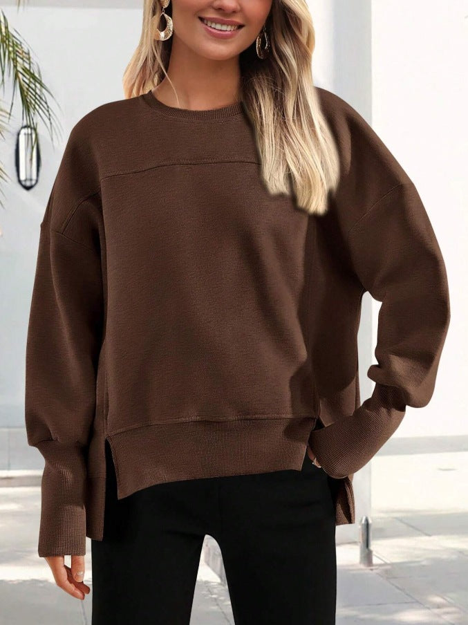 Split Hem Crew Neck Oversized Sweatshirt - Coffee