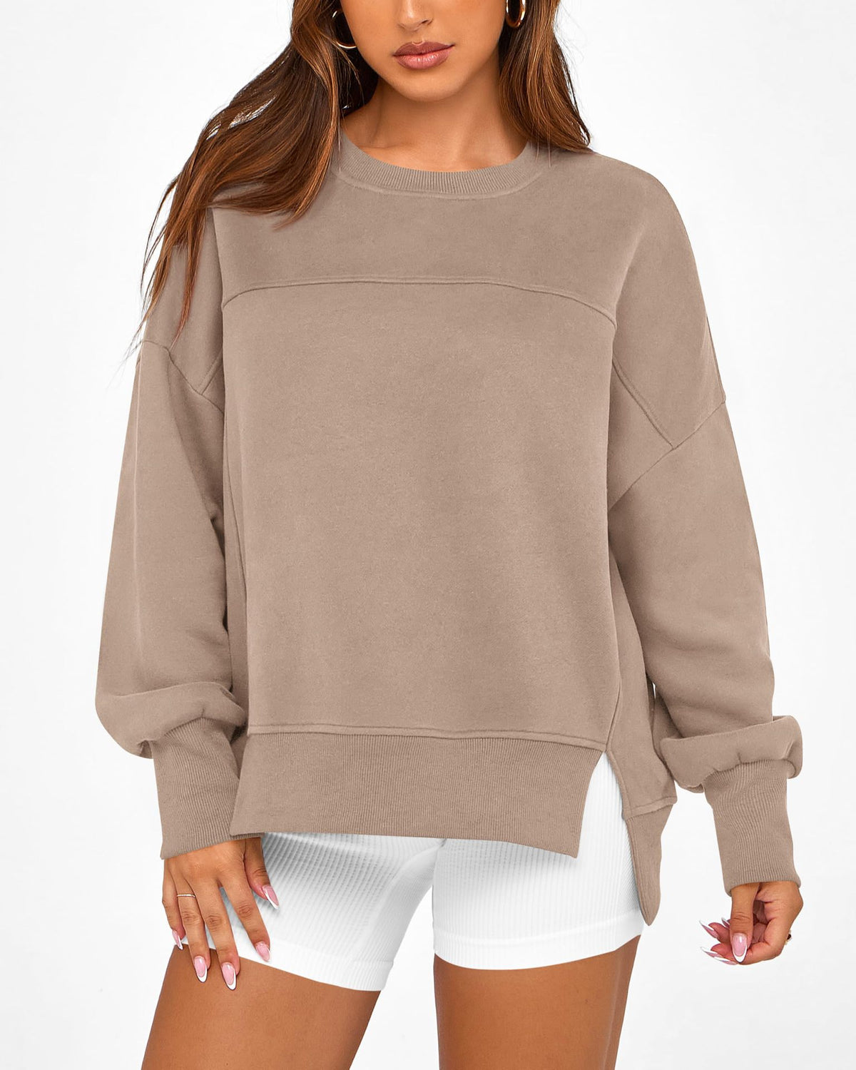 Split Hem Crew Neck Oversized Sweatshirt - Khaki