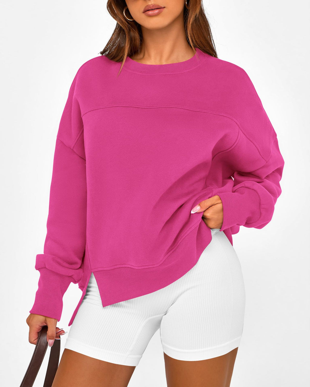 Split Hem Crew Neck Oversized Sweatshirt - Rosered