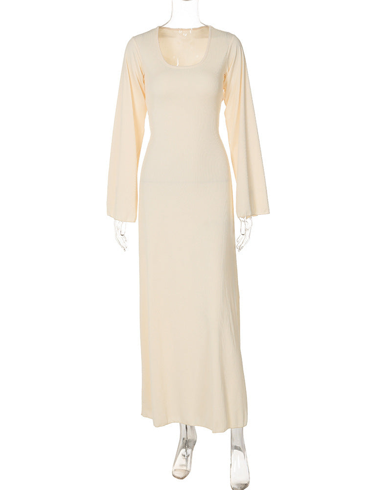 Bell Sleeve Ribbed Knit Lace Up Maxi Dress - Apricot - 1