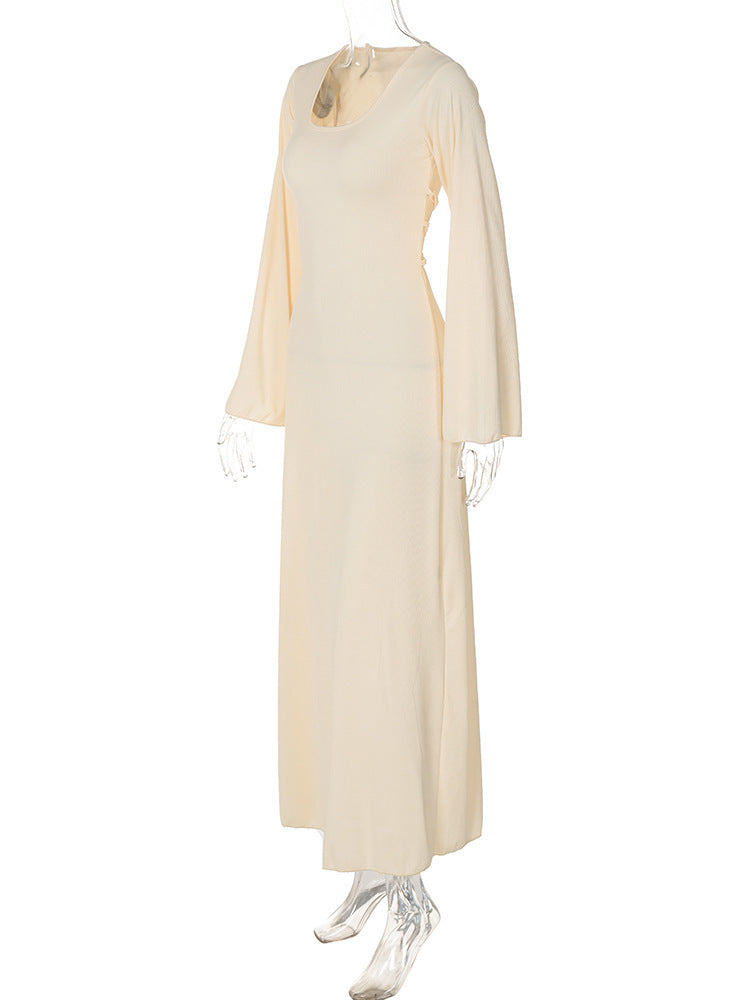 Bell Sleeve Ribbed Knit Lace Up Maxi Dress - Apricot - 2