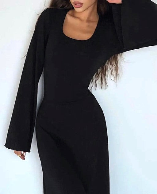 Bell Sleeve Ribbed Knit Lace Up Maxi Dress - Black