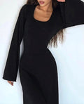Bell Sleeve Ribbed Knit Lace Up Maxi Dress - Black