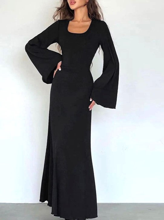 Bell Sleeve Ribbed Knit Lace Up Maxi Dress - Black - 1