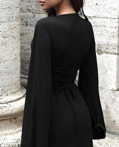 Bell Sleeve Ribbed Knit Lace Up Maxi Dress - Black - 2