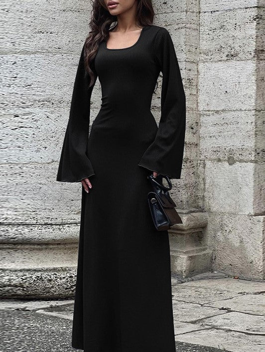 Bell Sleeve Ribbed Knit Lace Up Maxi Dress - Black - 3