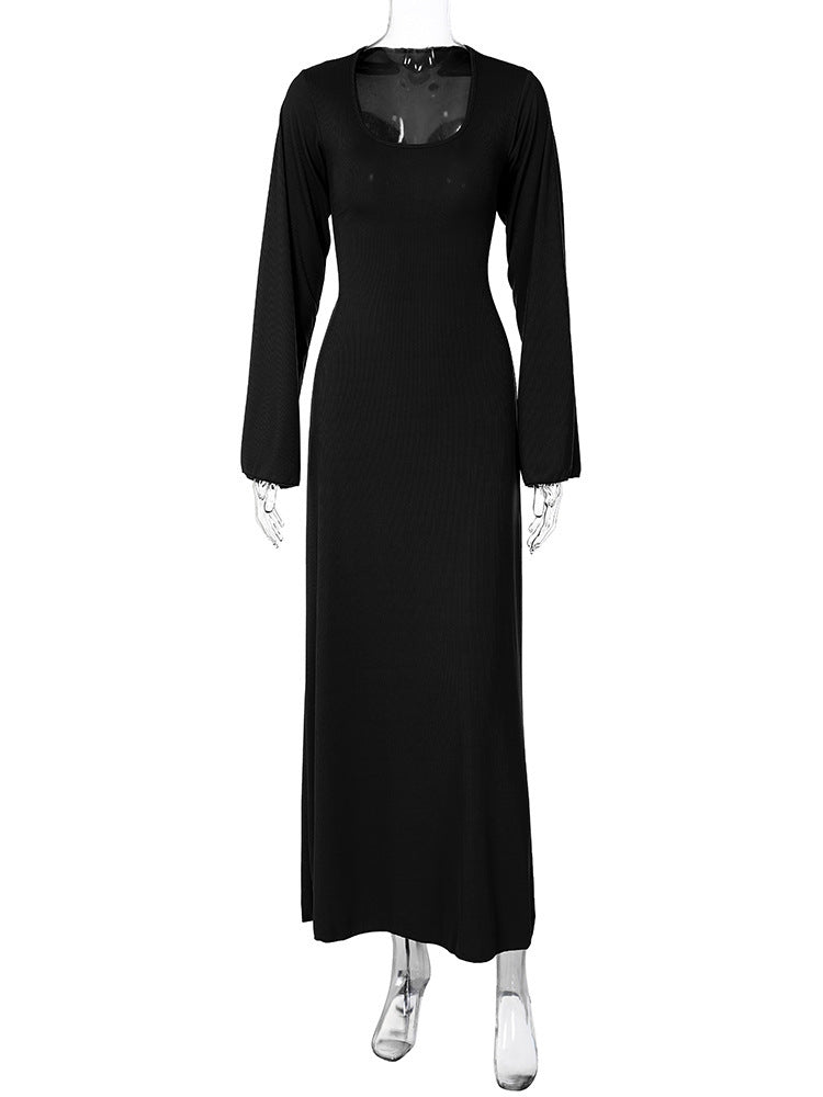 Bell Sleeve Ribbed Knit Lace Up Maxi Dress - Black - 6