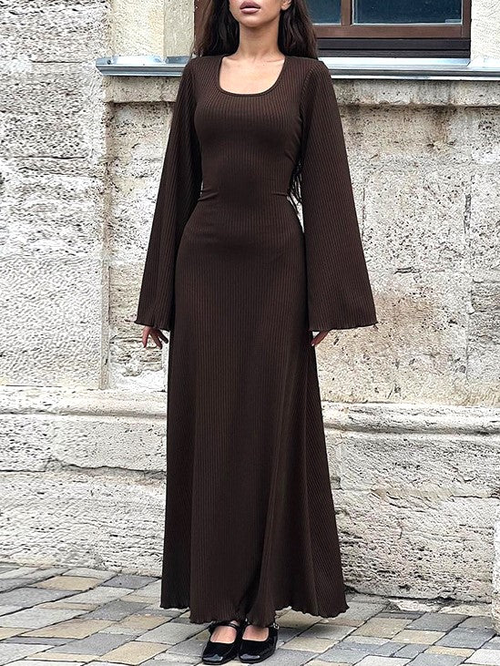 Bell Sleeve Ribbed Knit Lace Up Maxi Dress - Brown - 1