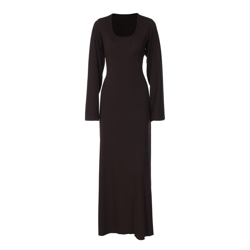 Bell Sleeve Ribbed Knit Lace Up Maxi Dress - Brown - 2