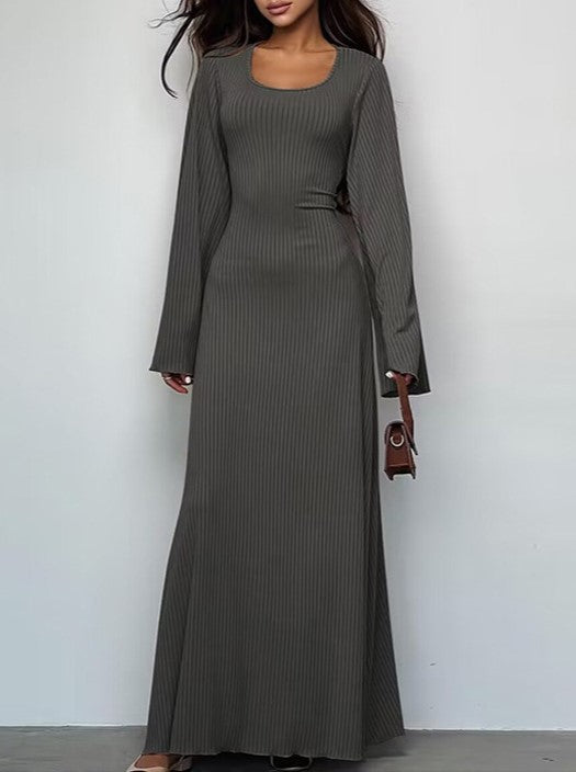 Bell Sleeve Ribbed Knit Lace Up Maxi Dress - Darkgrey
