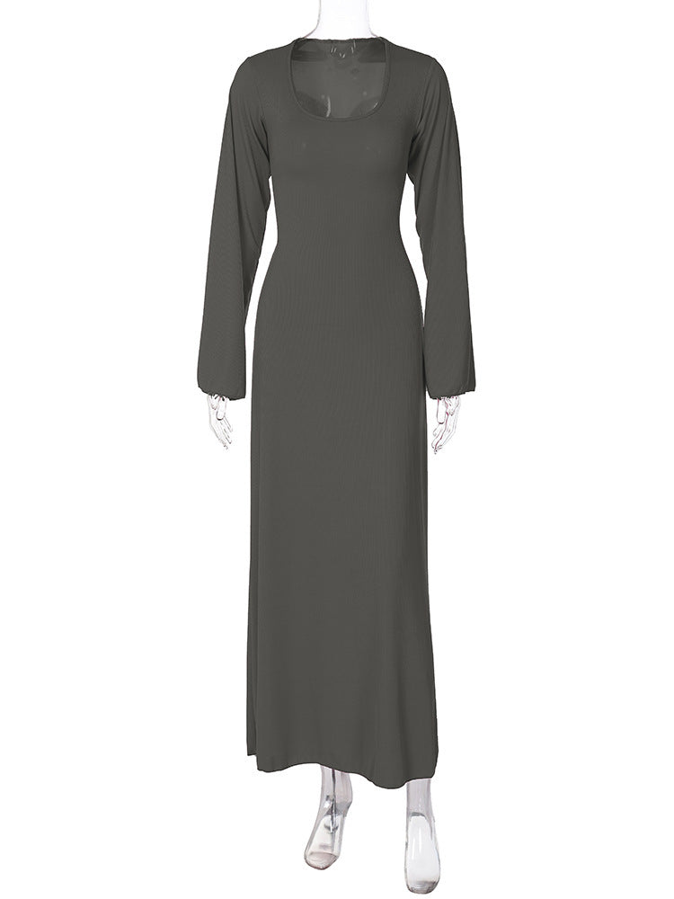 Bell Sleeve Ribbed Knit Lace Up Maxi Dress - Darkgrey - 2